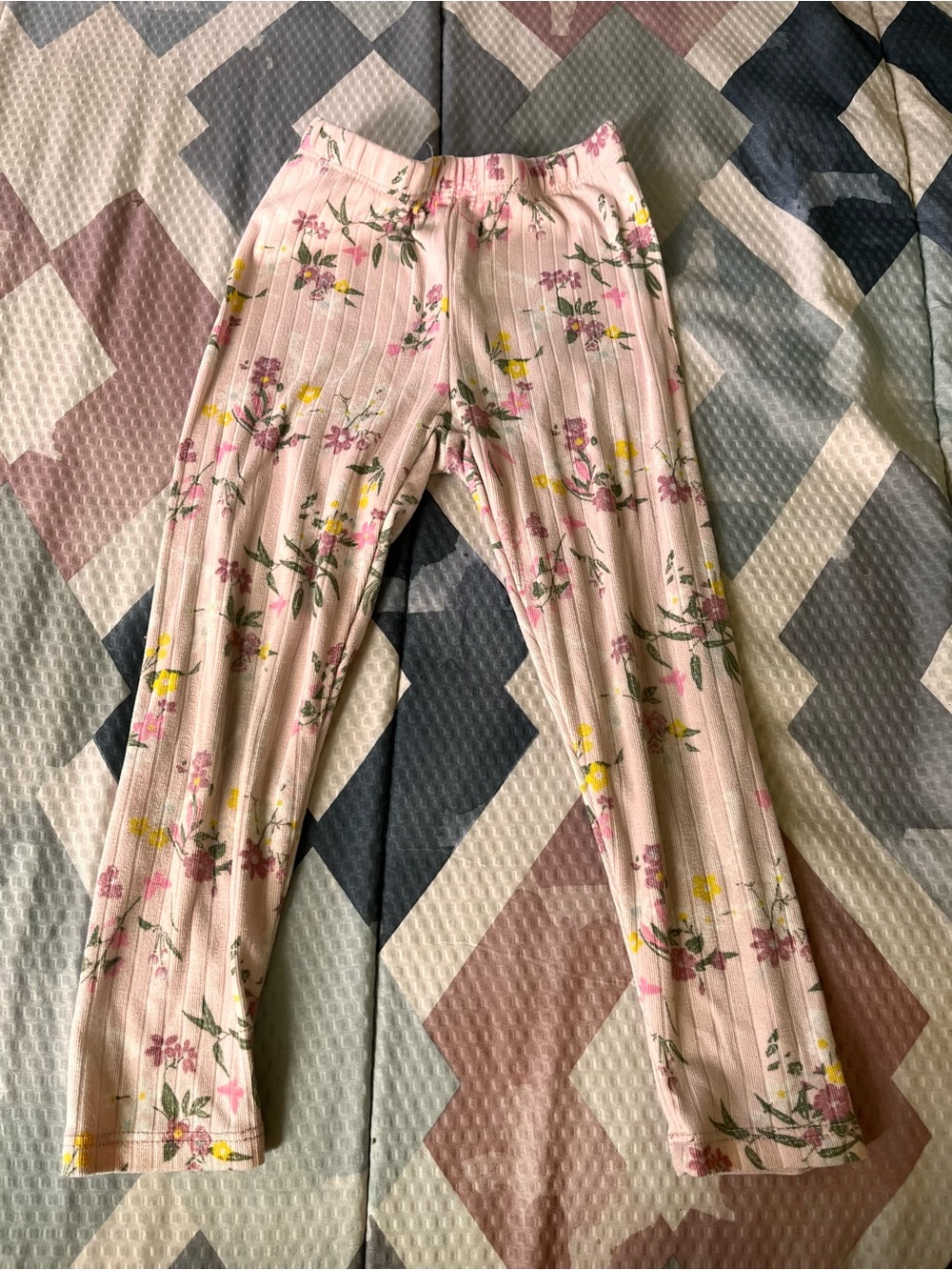Girls Pink Floral Ribbed Leggings